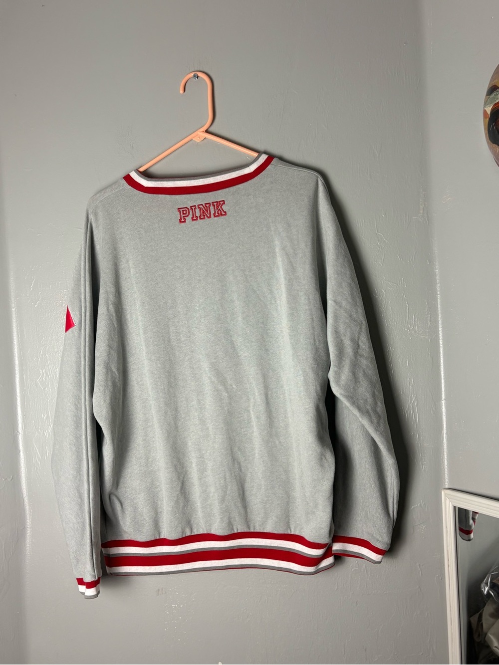 PINK Victoria's Secret Gray Crewneck Sweatshirt with Red Lettering S OVERSIZED - Picture 6 of 13